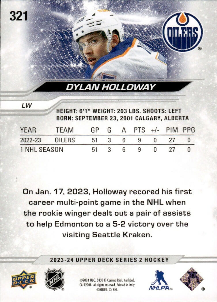 2023-24 Upper Deck Series 2 Hockey - Base #321 Dylan Holloway - Edmonton Oilers - B