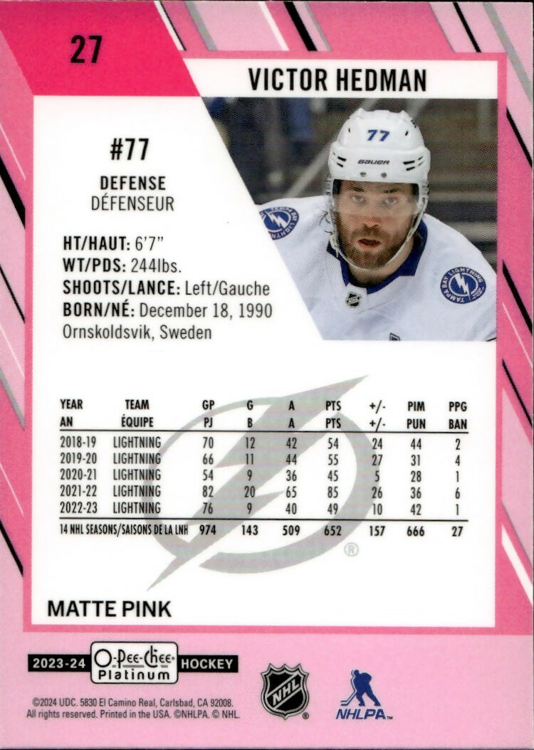 2023-24 Upper Deck O-Pee Chee Platinum Hockey - Base - Matte Pink #27 Victor Hedman - Tampa Bay Lightning - B