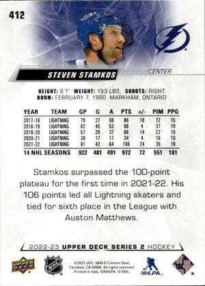 2022-23 Upper Deck Series 2 Hockey - Base #412 Steven Stamkos - Tampa Bay Lightning - B