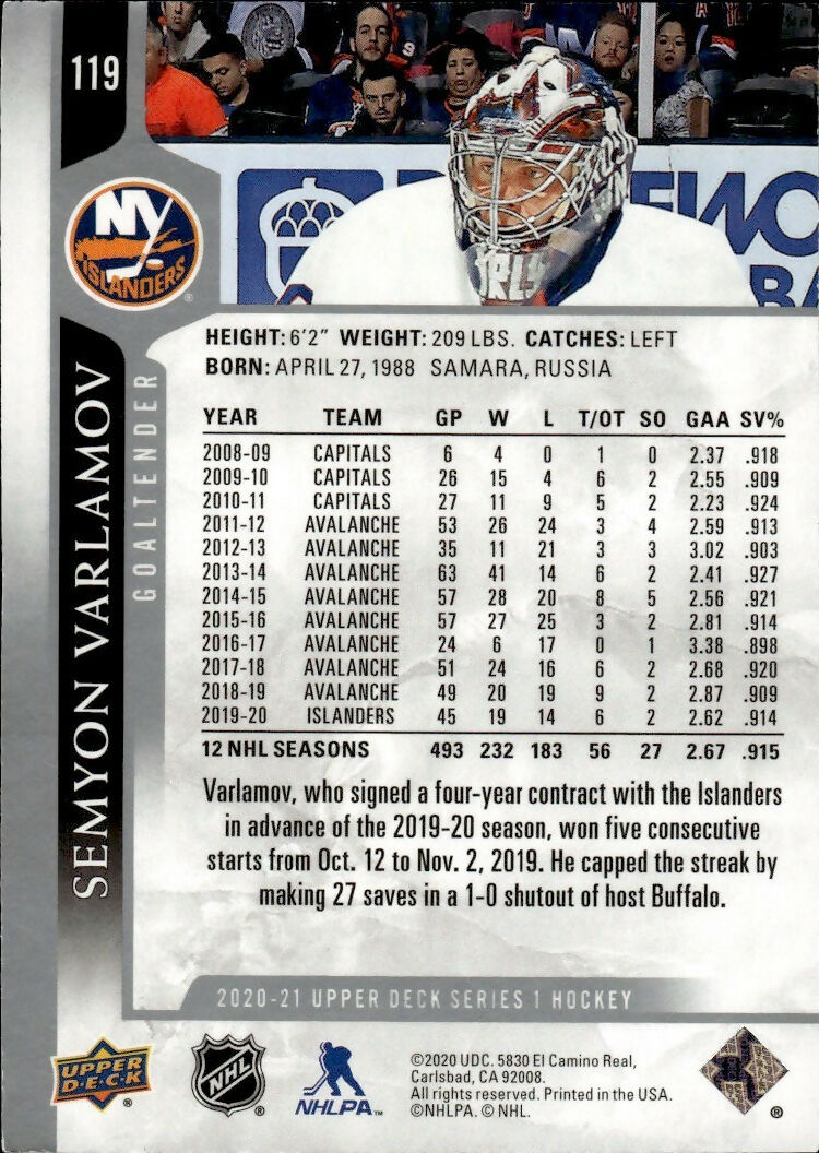 2020-21 Upper Deck Series 1 Hockey #119 Semyon Varlomov - New York Rangers