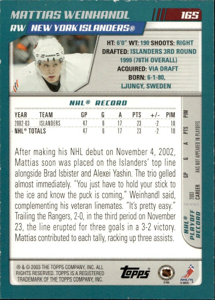 2003-04 O-Pee-Chee - Base - Blue :500 #165 Mattias Weinhandl - New York Islanders - B