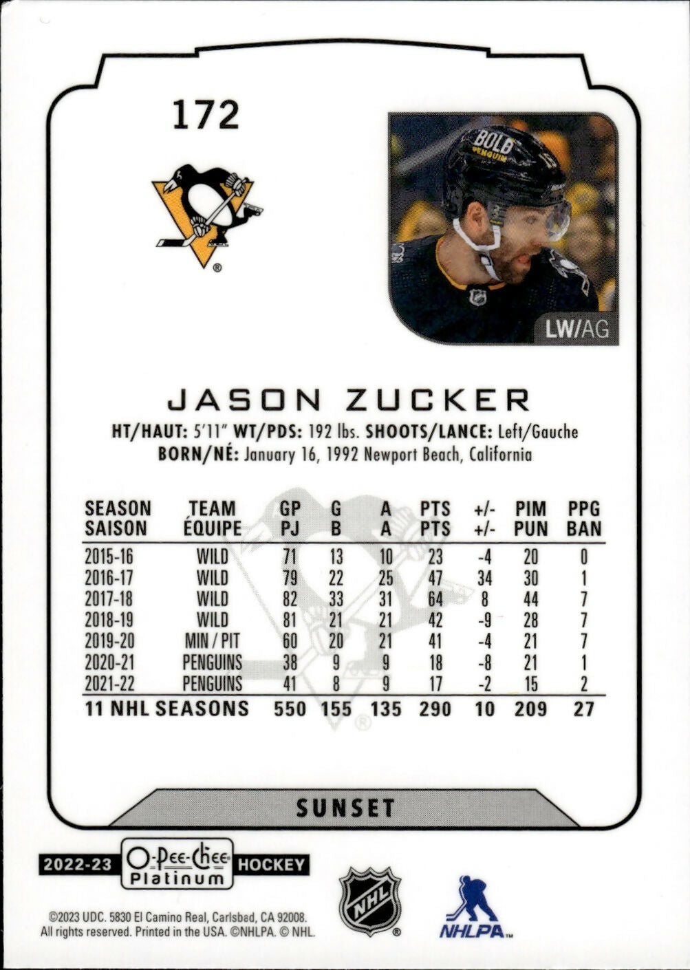 2022-23 Upper Deck O-Pee-Chee Platinum Hockey - Base - Sunset #172 Jason Zucker - Pittsburgh Penguins