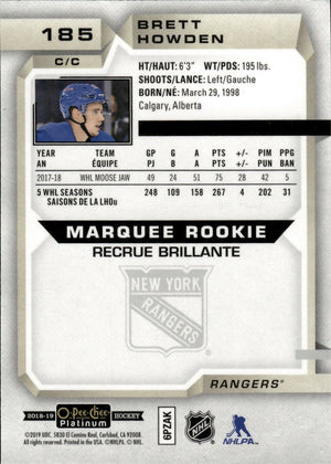 2018-19 O-Pee-Chee Platinum Hockey - Base - Marquee Rookie #185 Brett Howden - New York Rangers