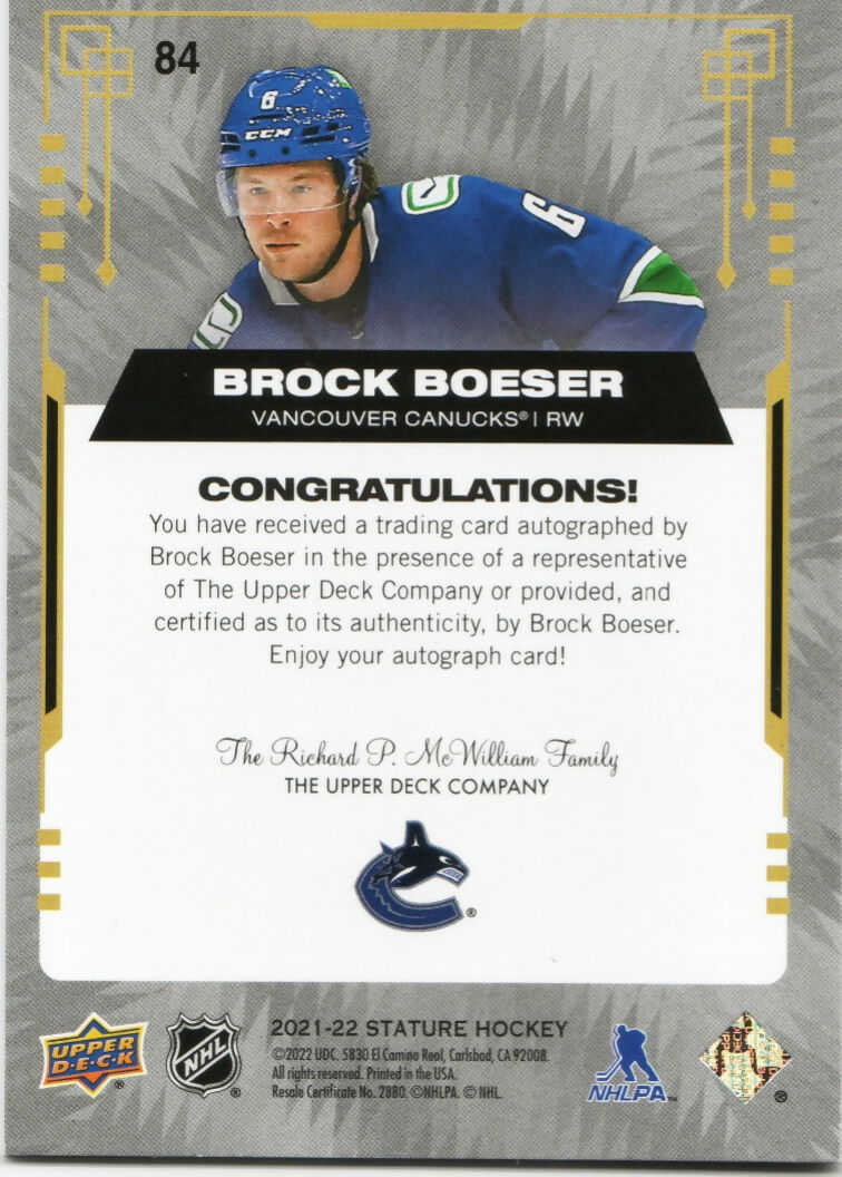 2021-22 Upper Deck Stature Hockey -  Base - Auto #84 Brock Boeser - Vancouver Canucks - B