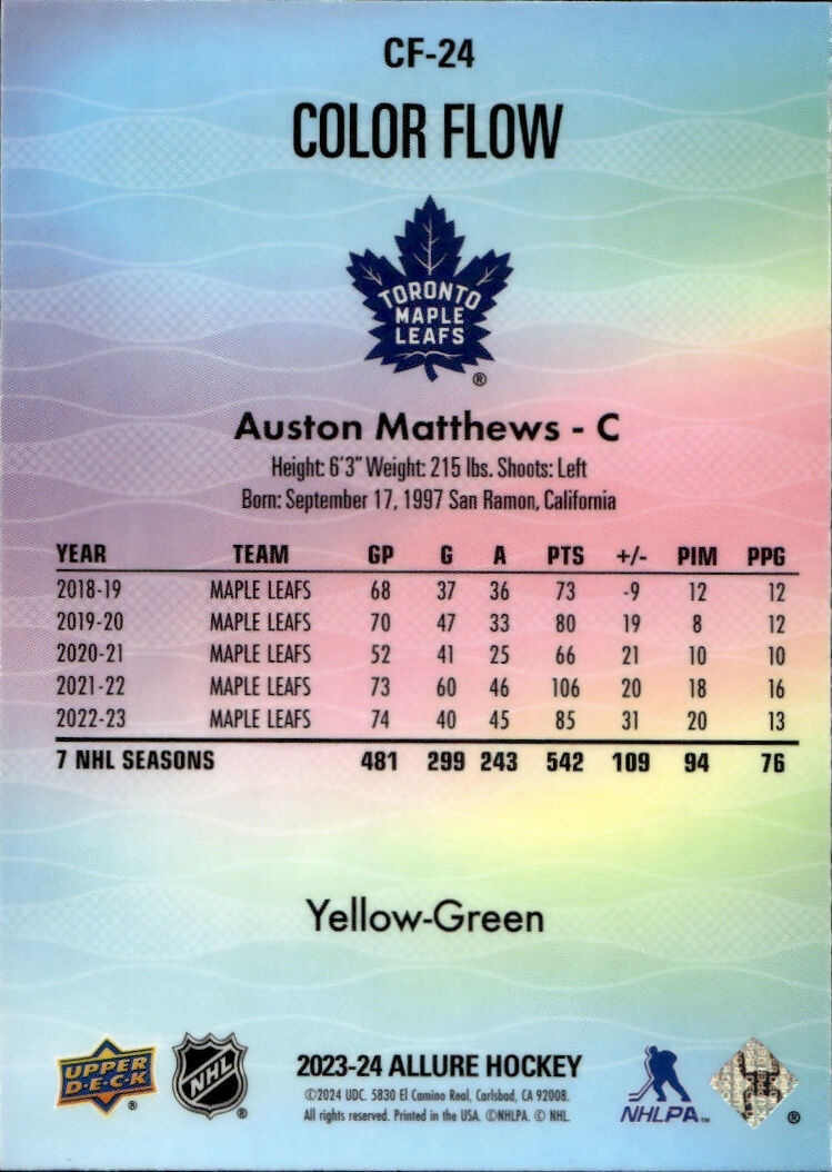 2023-24 Upper Deck Allure Hockey - Color Flow - Yellow-Green Spectrum #CF-24 Auston Matthews - Toronto Maple Leafs - B