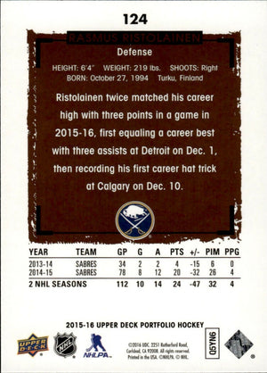 2015-16 Upper Deck Portfolio Hockey - Base #124 Rasmus Ristolainen - Buffalo Sabres