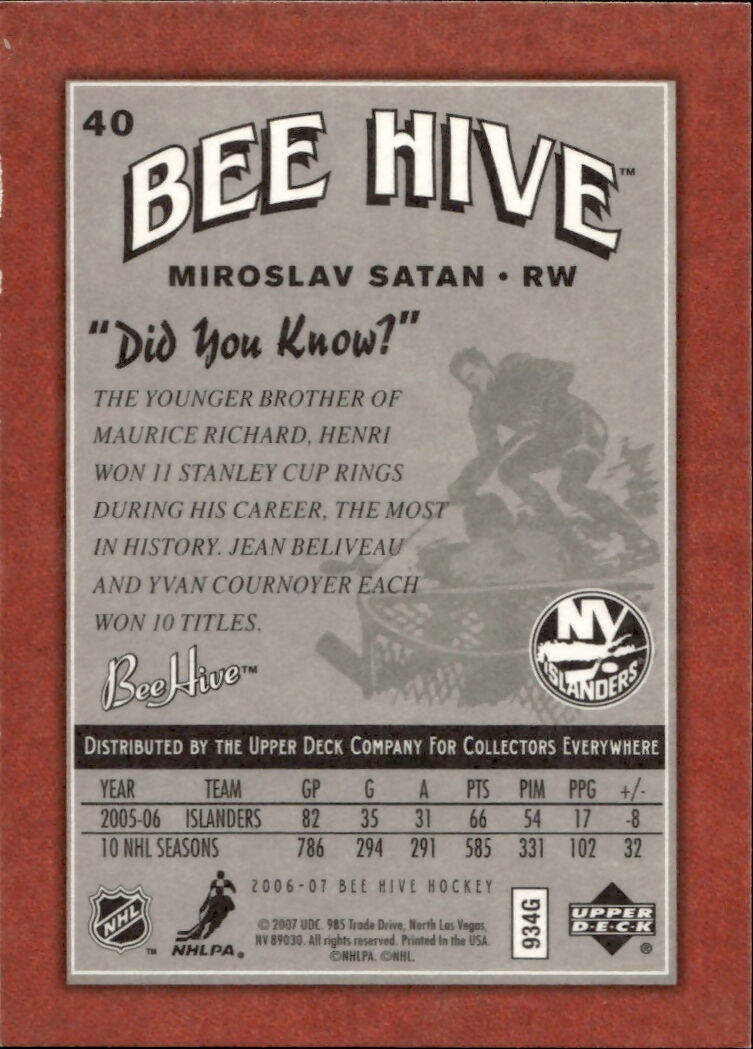 2006-07 Upper Deck - Bee Hive Hockey - Base - Red #40 Miroslav Satan - New York Islanders - B