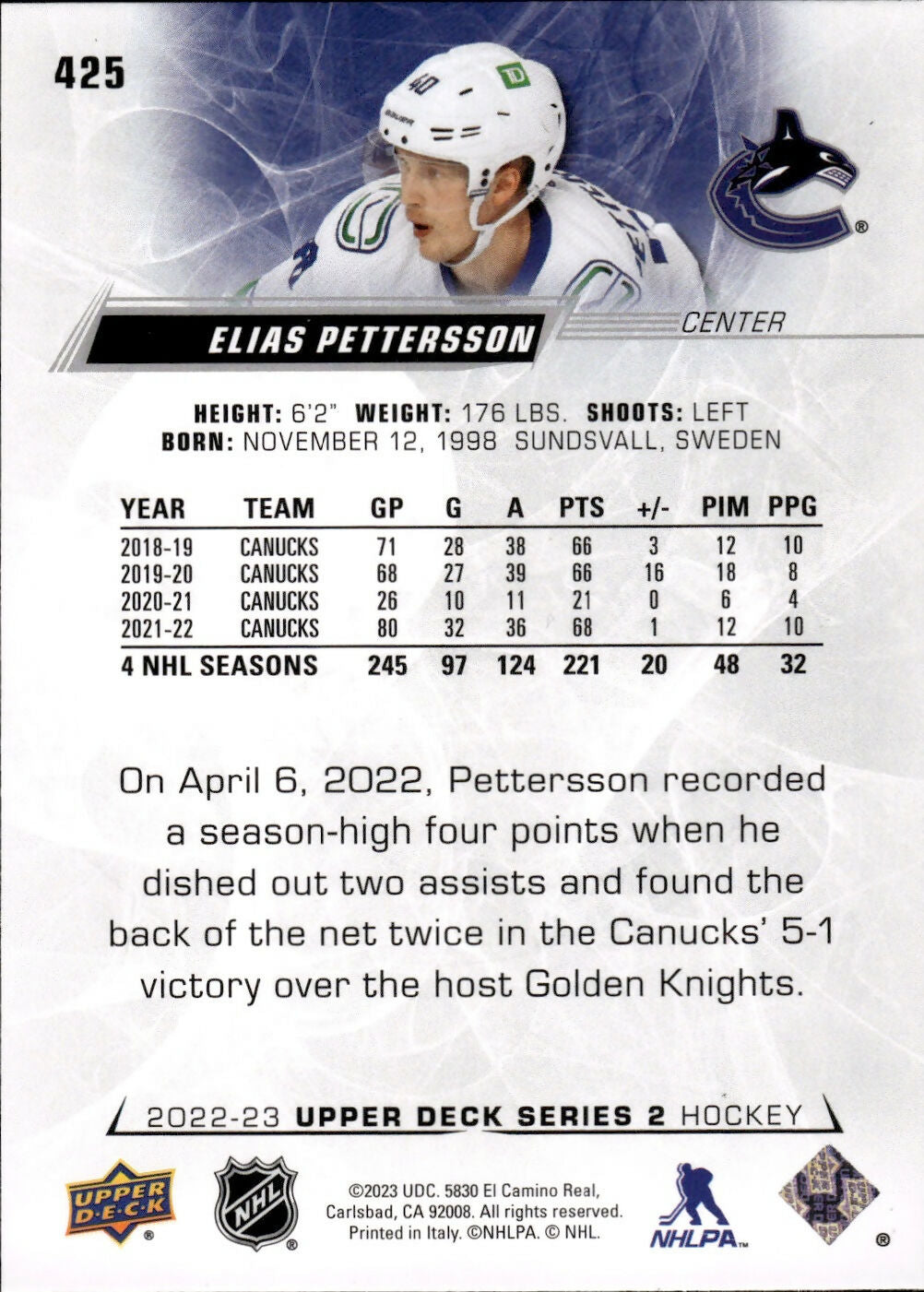 2022-23 Upper Deck Series 2 Hockey - Base #425 Elias Pettersson - Vancouver Canucks