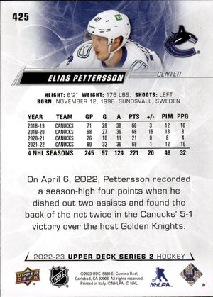 2022-23 Upper Deck Series 2 Hockey - Base #425 Elias Pettersson - Vancouver Canucks