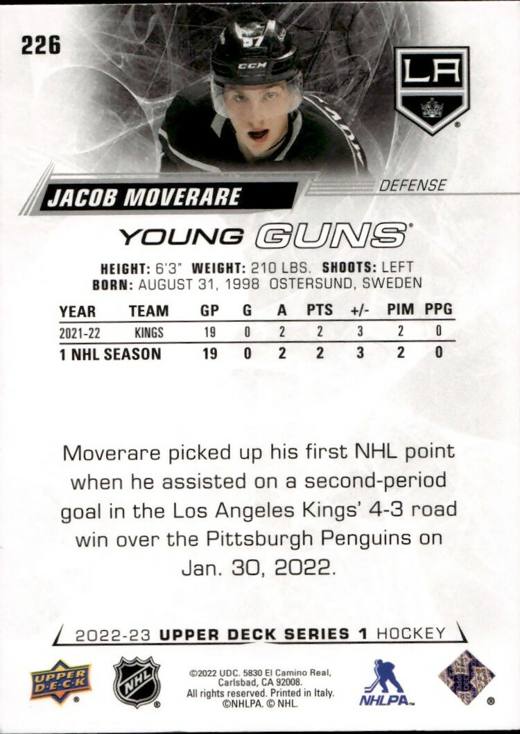 2022-23 Upper Deck Series 1 Hockey - Base - Young Guns #226 Jacob Moverare - Los Angeles Kings - B