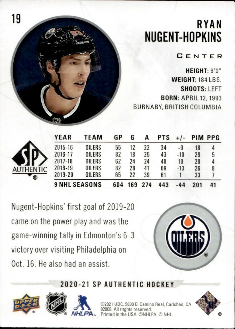 2020-21 Upper Deck SP Authentic Hockey - Base #19 Ryan Nugent-Hopkins - Edmonton Oilers - B