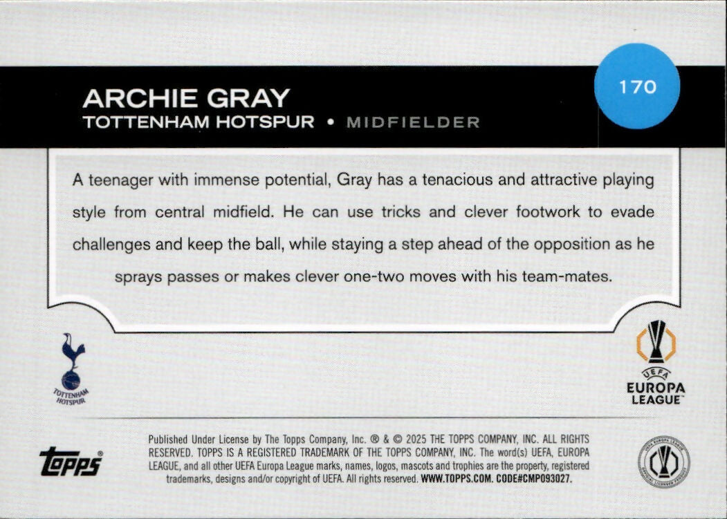2024-25 Topps UEFA Club Competitions - Base #170 Archie Gray - Tottenham Hotspur - B