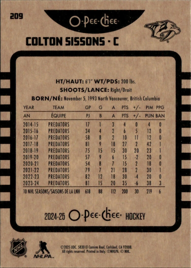 2024-25 Upper Deck O-Pee-Chee - Base - Retro #209 Colton Sissons - Nashville Predators - B