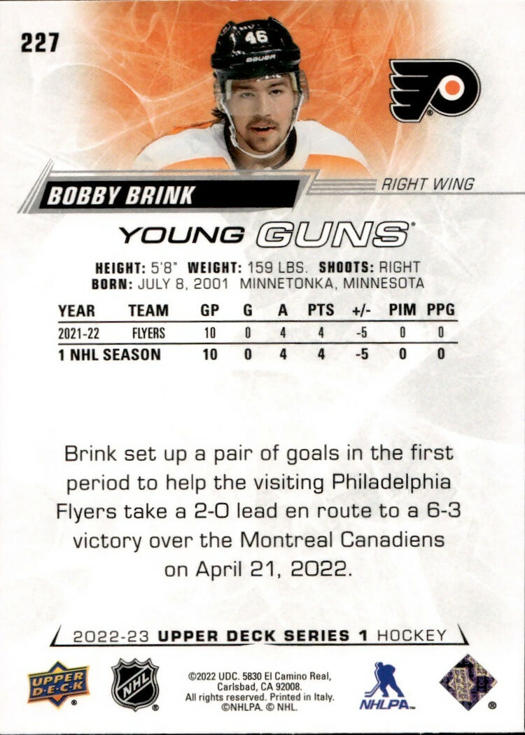 2022-23 Upper Deck Series 1 Hockey - Base - Young Guns #227 Bobby Brink - Philadelphia Flyers - B