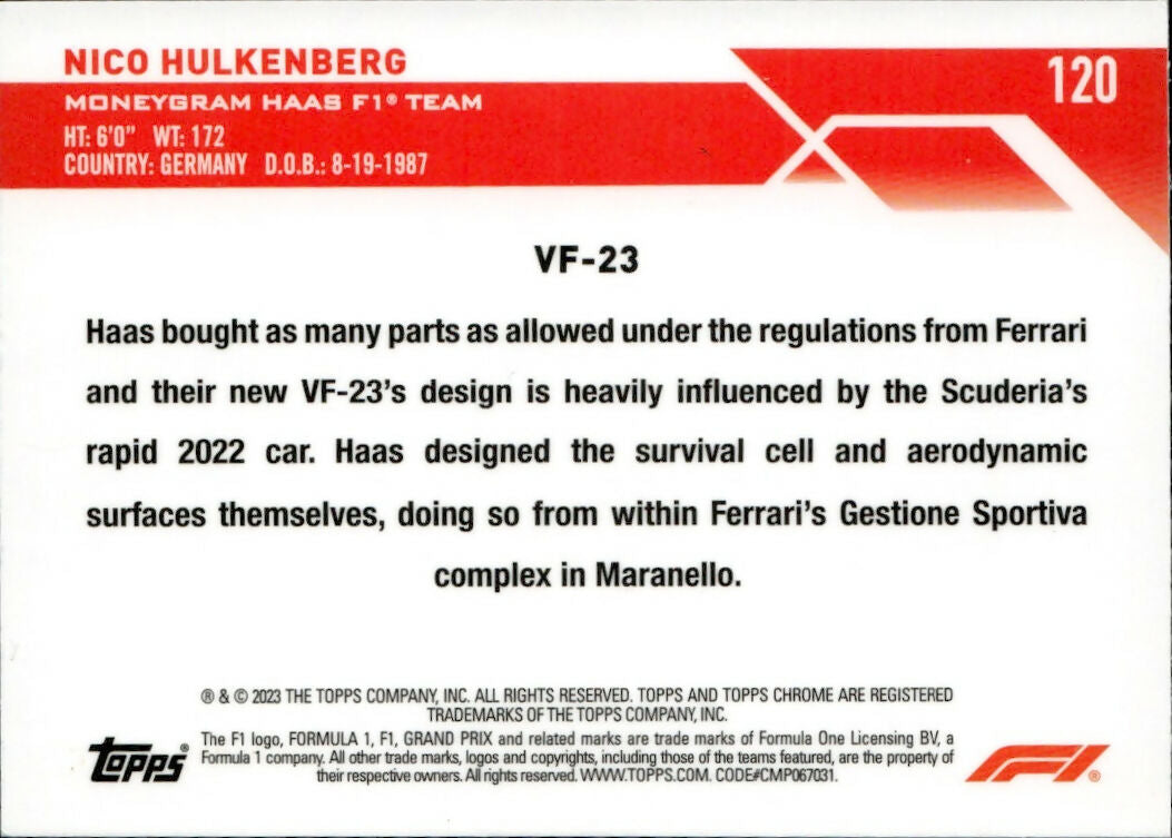 2023 Topps Chrome Formula 1 Base #120 - F1 Cars - Purple Checker Flag X-factor :199 Nico Hulkenberg - Moneygram Haas F1 Team - B