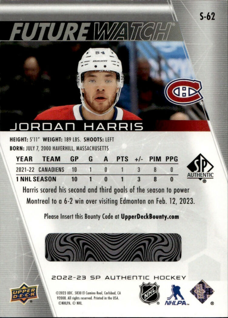 2022-23 Upper Deck SP Authentic Hockey - Spectrum FX - Future Watch #S-62 Jordan Harris - Montreal Canadiens - B