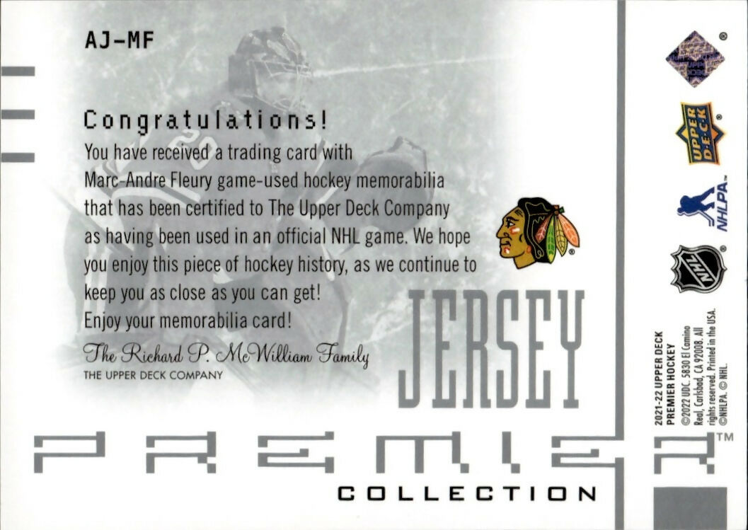 2021-22 Upper Deck Premier Hockey - Game Jersey :300 #AJ-MF Marc-Andre Fleury - Chicago Blackhawks - B