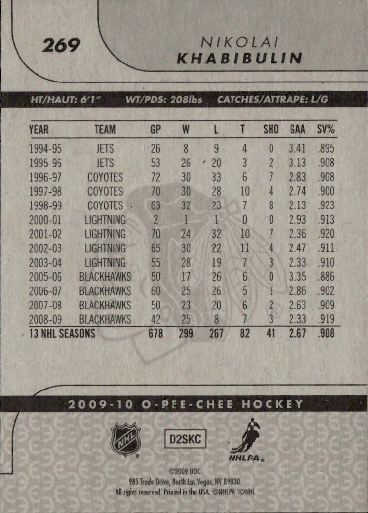 2009-10 Upper Deck O-Pee-Chee - Base #269 Nikolai Khabibulin - Chicago Blackhawks - B