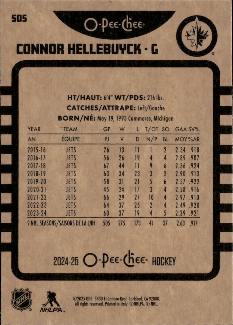 2024-25 Upper Deck O-Pee-Chee - Base - Retro #505 Connor Hellebuyck - Winnipeg Jets - B