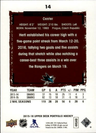 2015-16 Upper Deck Portfolio Hockey - Base #14 Tomas Hertl - San Jose Sharks