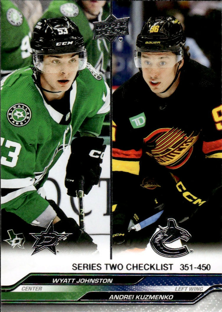 2023-24 Upper Deck Series 2 Hockey - Base - Checklist #450 Wyatt Johnston - Dallas Stars / Andrei Kuzmenko - Vancouver Canucks