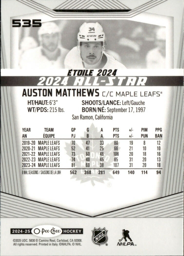 2024-25 Upper Deck O-Pee-Chee - Base - All Star #535 Auston Matthews - Toronto Maple Leafs - B