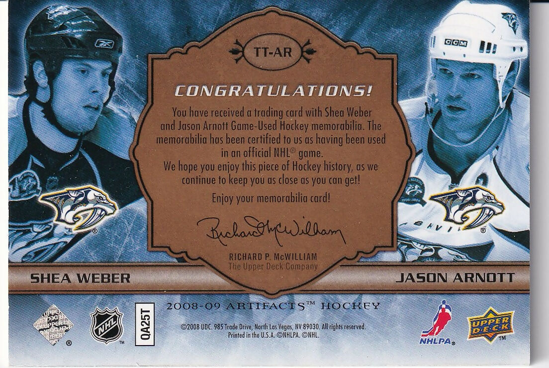 2008-09 Upper Deck Artifacts Hockey Tundra Tandems Gold #/25 #TT-AR Jason Arnott / Shea Weber Nashville Predators