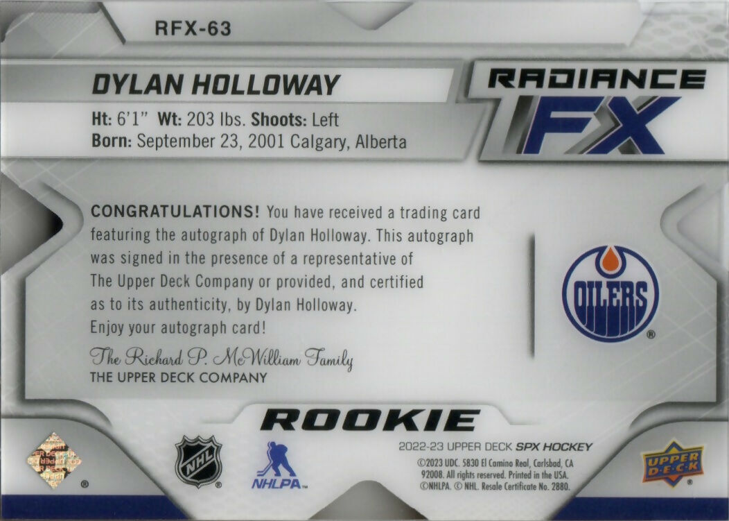 2022-23 Upper Deck SPX Hockey -  Radiance F:X - Purple Auto :35 #RFX-63 Dylan Holloway - Edmonton Oilers - B