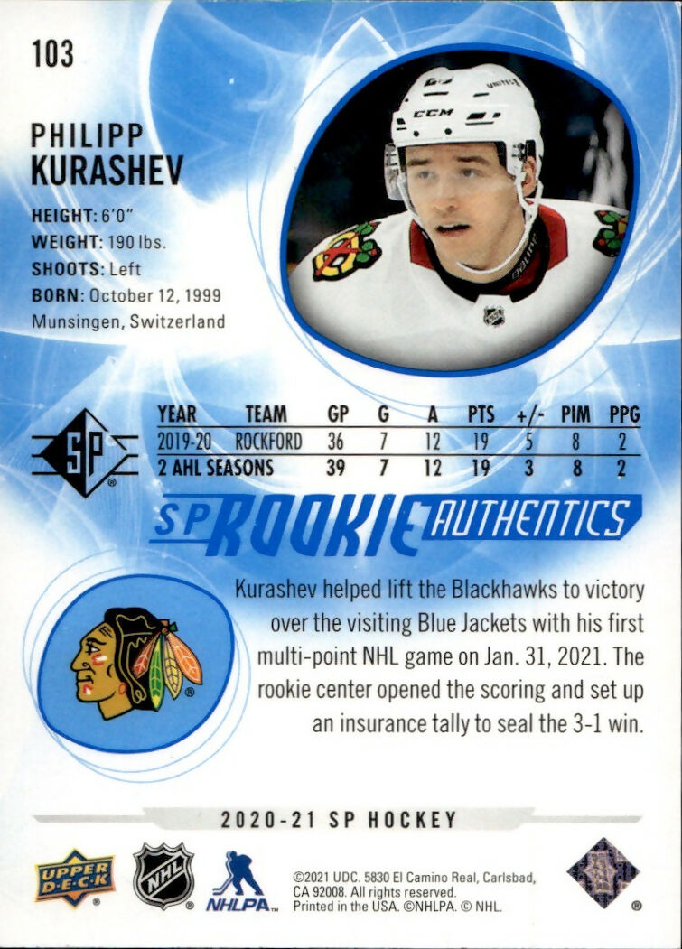 2020-21 Upper Deck SP Authentic Hockey - SP Rookie Authentics - #103 Philipp Kurashev - Chicago Blackhawks - B
