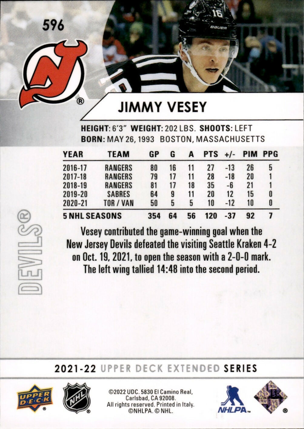 2021-22 Upper Deck Extended Series Hockey - Base #596 Jimmy Vesey - New Jersey Devils