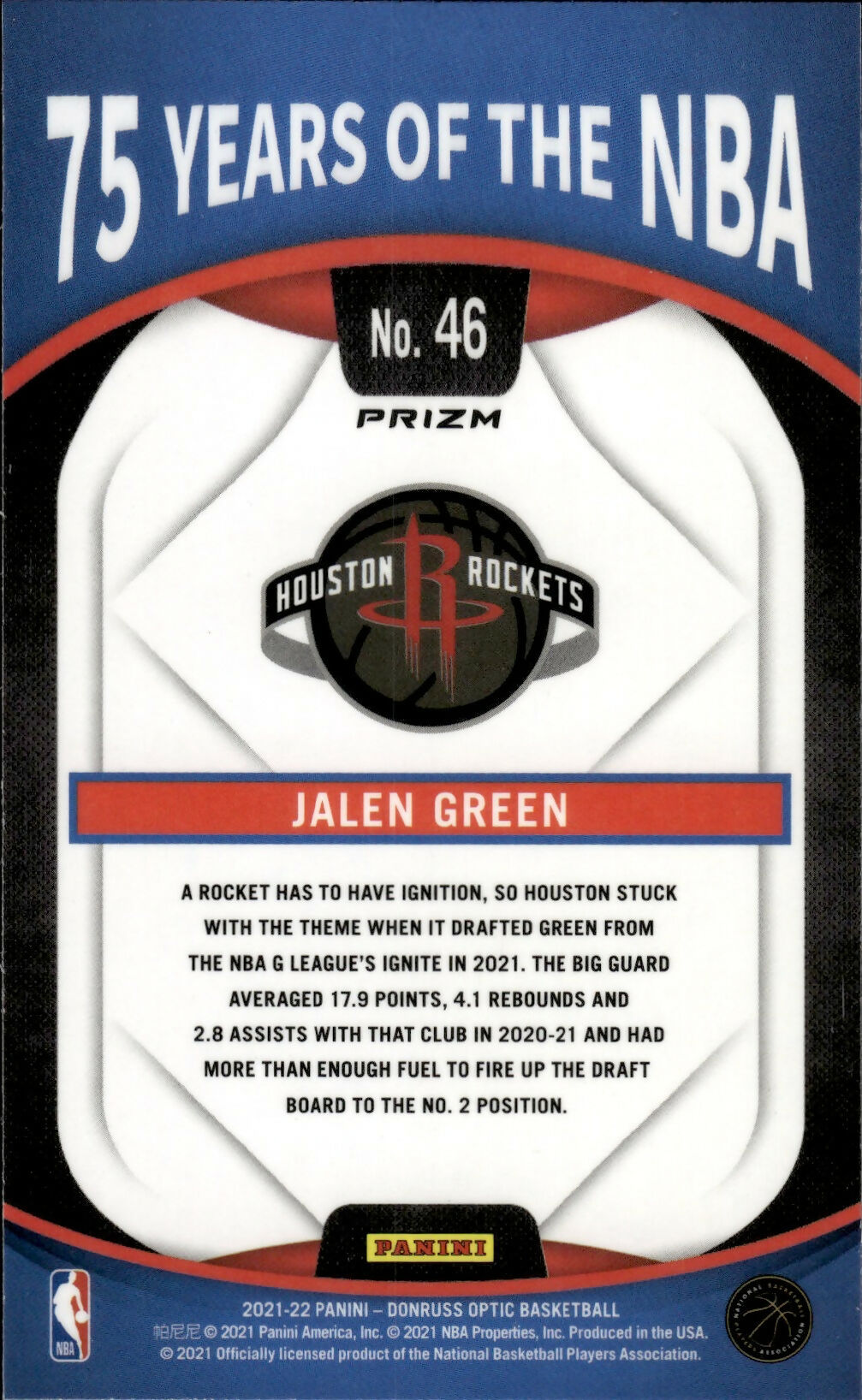 2021-22 Panini Prizm Basketball - Optic 75 Years of the NBA # 46 Jalen Green - Houston Rockets