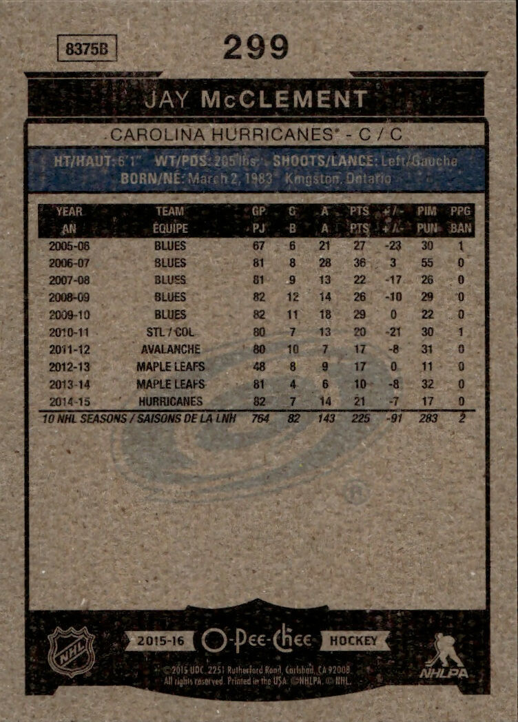 2015-16 Upper Deck O-Pee-Chee Hockey - Base #299 Jay McClement - Carolina Hurricanes