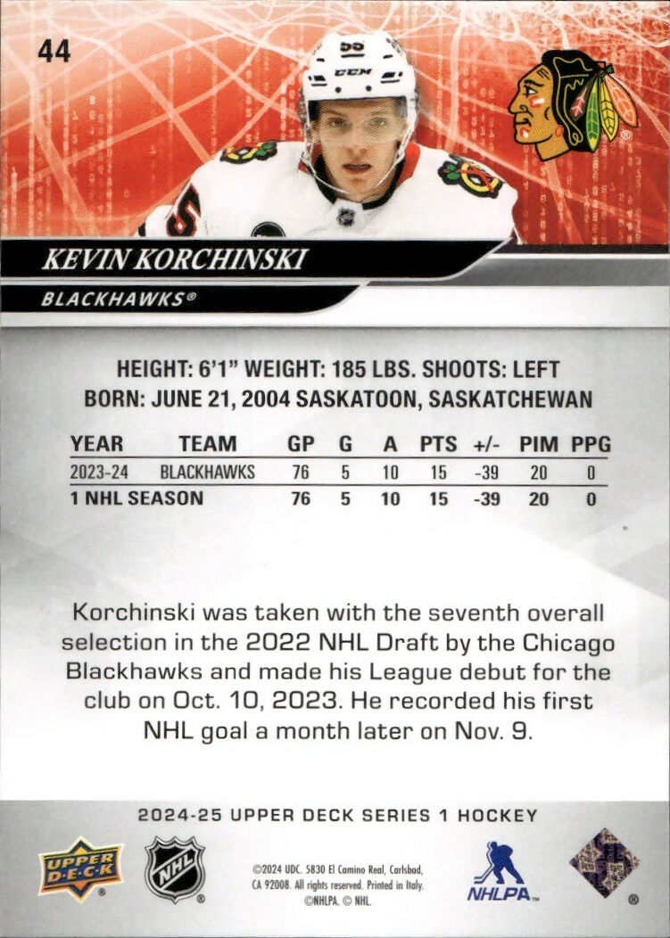 2024-25 Upper Deck Series 1 Hockey - Base #44 Kevin Korchinski - Chicago Blackhawks