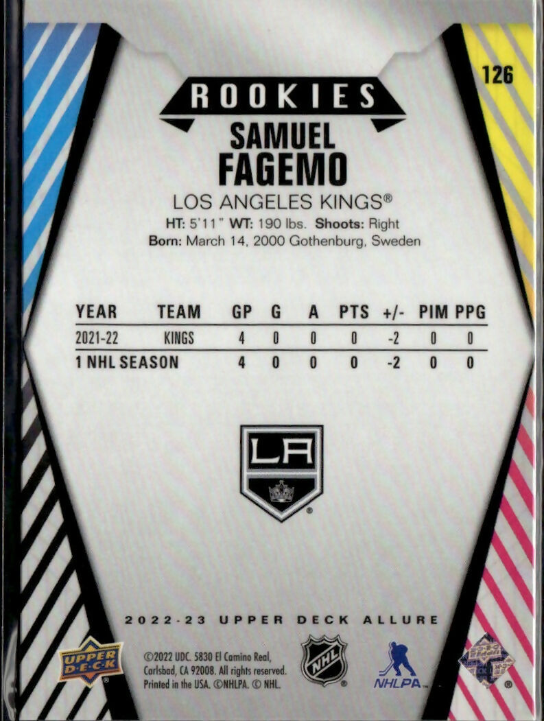 2022-23 Upper Deck Allure Hockey - Base - Rookies #126 Samuel Fagemo - Los Angeles Kings