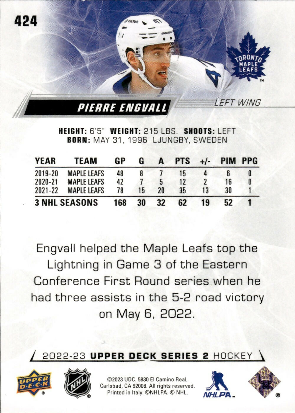 2022-23 Upper Deck Series 2 Hockey Base #424 Pierre Engvall - Toronto Maple Leafs