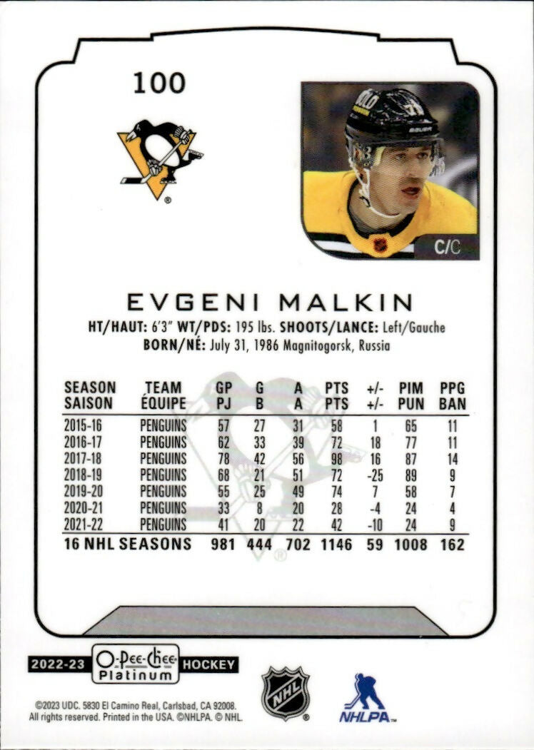 2022-23 Upper Deck O-Pee-Chee Platinum Hockey - Base #100 Evgeni Malkin - Pittsburgh Penguins