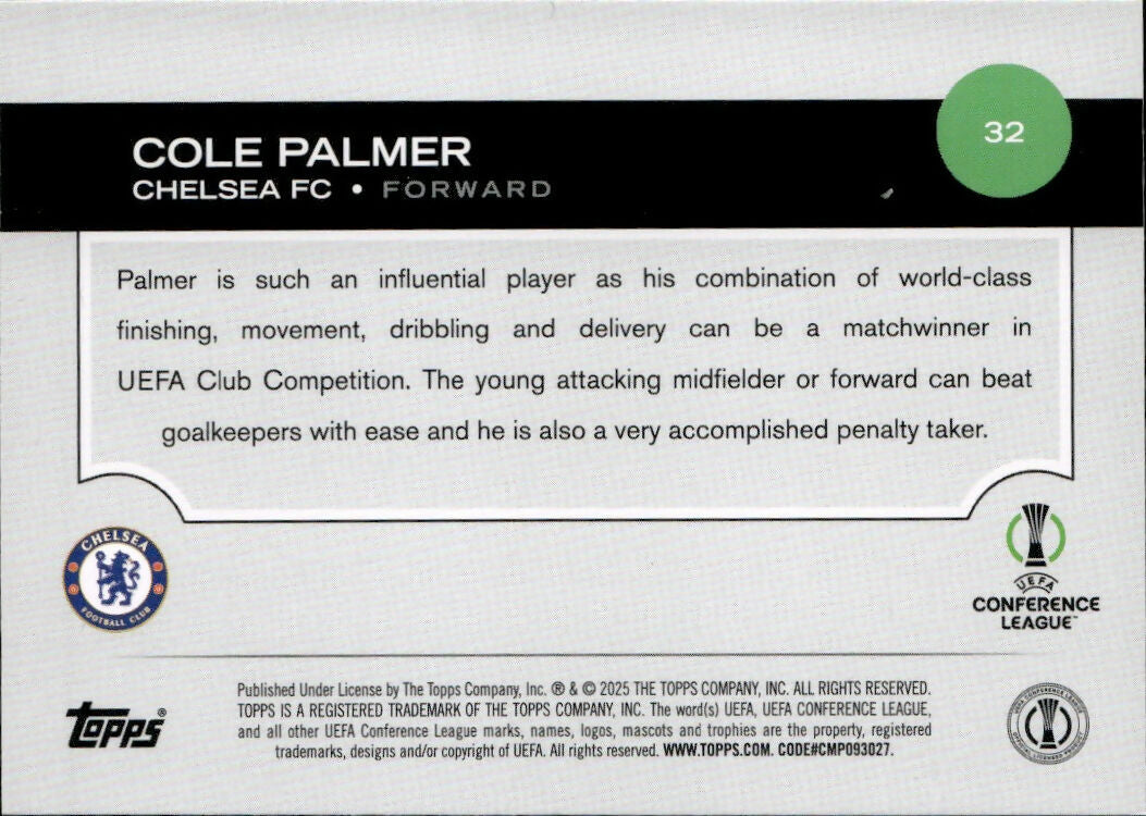 2024-25 Topps UEFA Club Competitions - Base #32 Cole Palmer - Chelsea FC - B