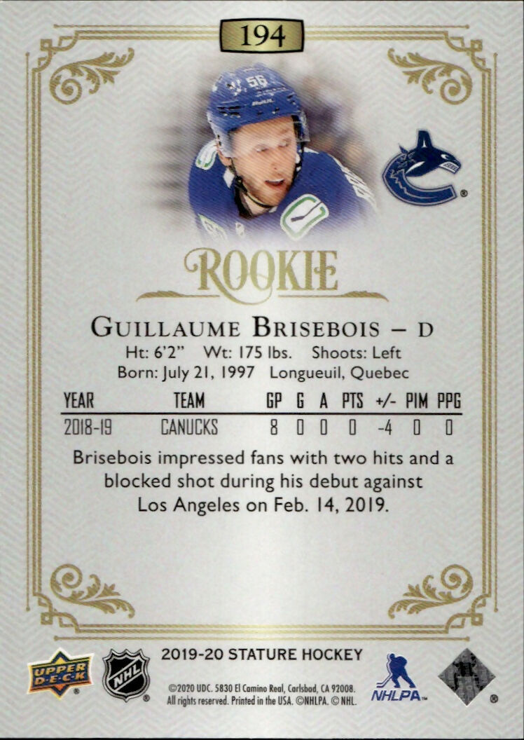 2019-20 Upper Deck Stature Hockey - Base /399 #194 Guillaume Brisebois - Vancouver Canucks