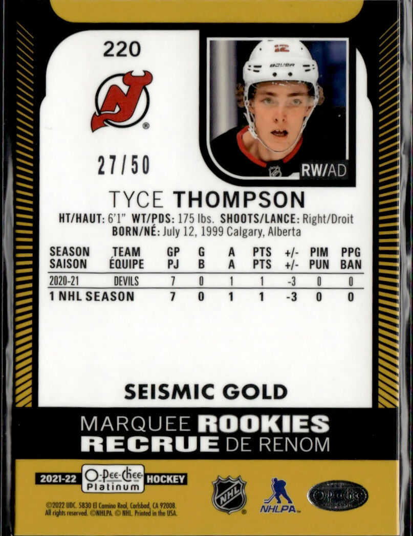 2021-22 O-Pee-Chee Platinum Pee-Chee Platinum - Seismic Gold #220 Tyce Thompson New Jersey Devils