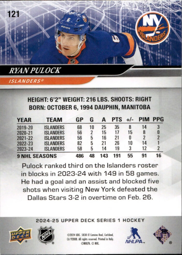 2024-25 Upper Deck Series 1 Hockey - Base #121 Ryan Pulock - New York Islanders - B