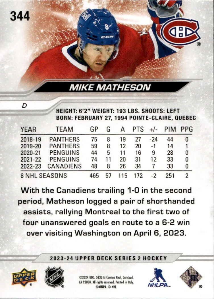 2023-24 Upper Deck Series 2 Hockey - Base #344 Mike Matheson - Montreal Canadiens - B