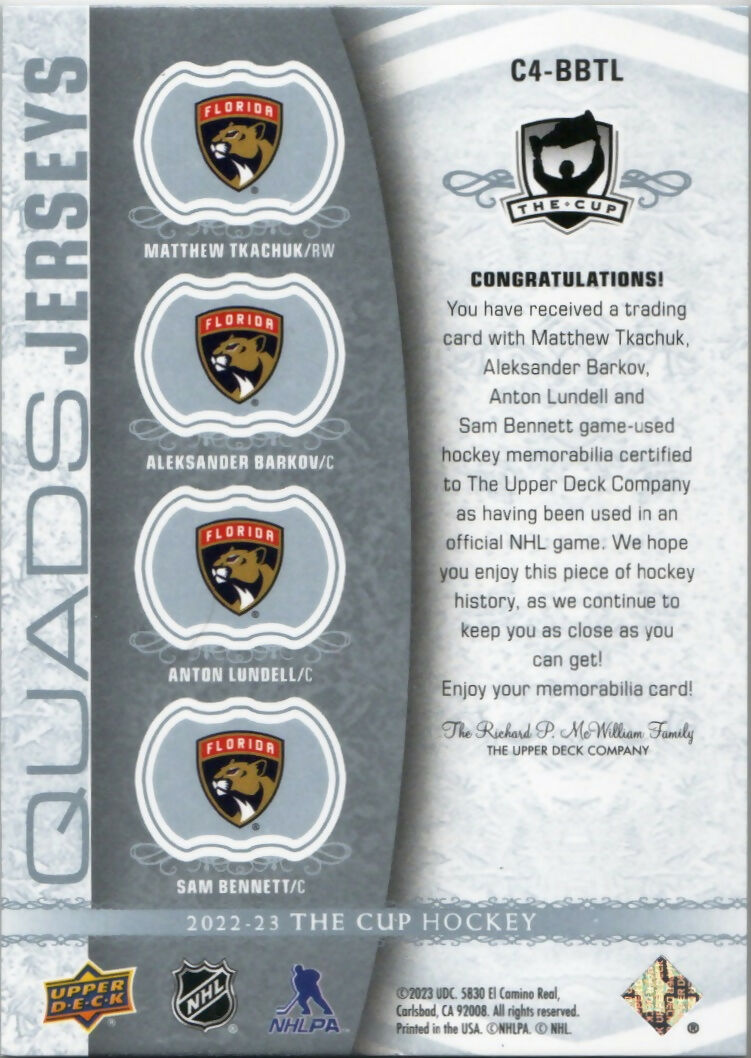 2022-23 Upper Deck The Cup Hockey - Quads jerseys :25 #C4-BBTL Matthew Tkachuk:Aleksander Barkov:Anton Lundell:Sam Bennett - Florida Panthers - B