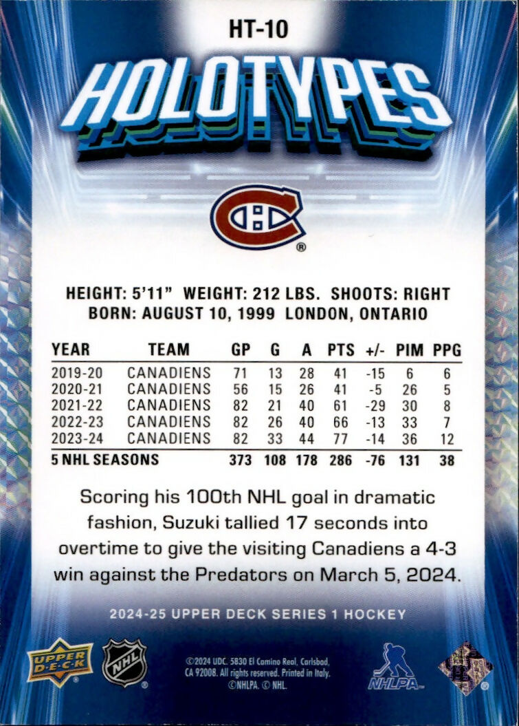 2024-25 Upper Deck Series 1 Hockey - Holotypes #HT-10 Nick Suzuki - Montreal Canadiens - B