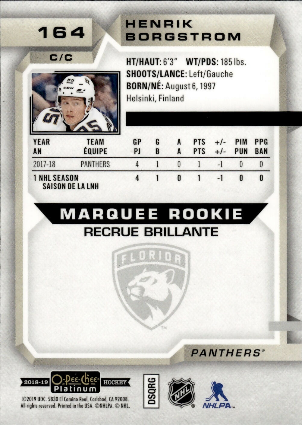 2018-19 O-Pee-Chee Platinum Hockey - Base - Marquee Rookie #164 Henrik Borgstrom - Florida Panthers