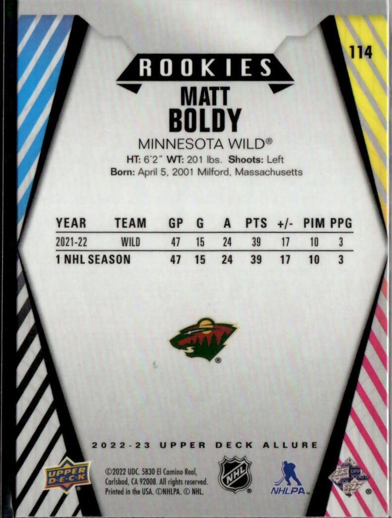 2022-23 Upper Deck Allure Hockey - Base - Rookies #114 Matt Boldy - Minnesota Wild