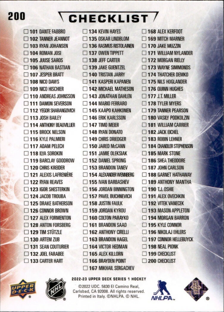 2022-23 Upper Deck Series 1 Hockey - Base #200 Checklist - Aleksander Barkov:Brayden Point - B