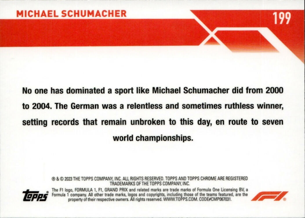 2023 Topps Chrome Formula 1 Base #199 - F1 Legends Michael Schumacher - B