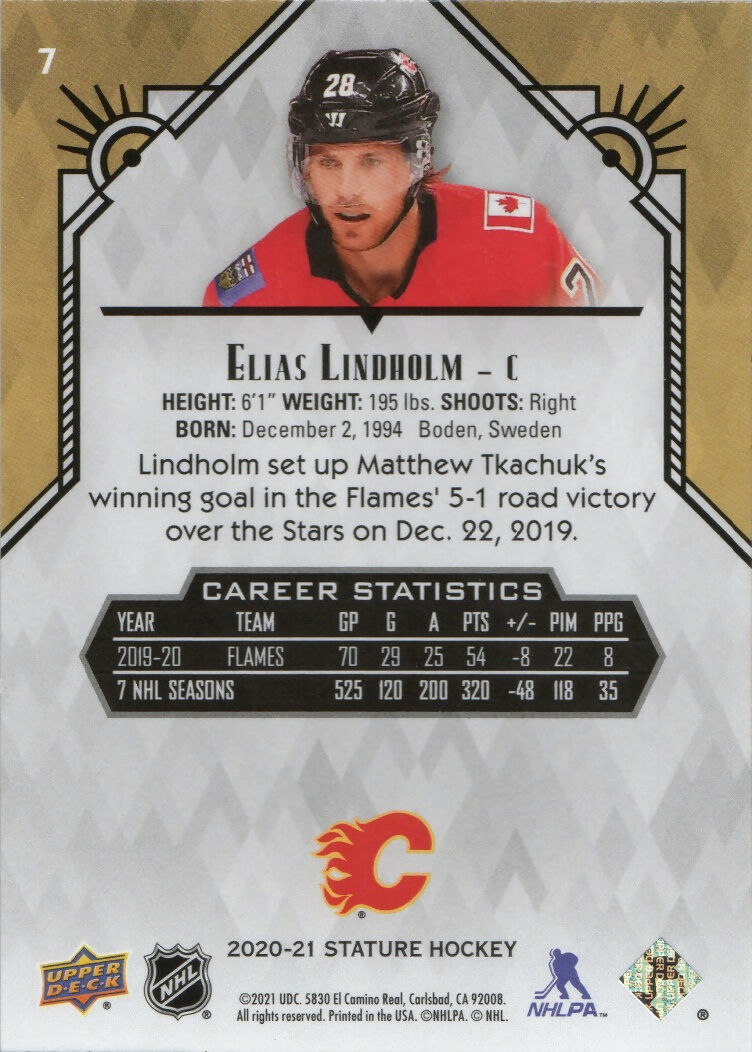 2020-21 Upper Deck Stature - Base #7 Elias Lindholm - Calgary Flames - B