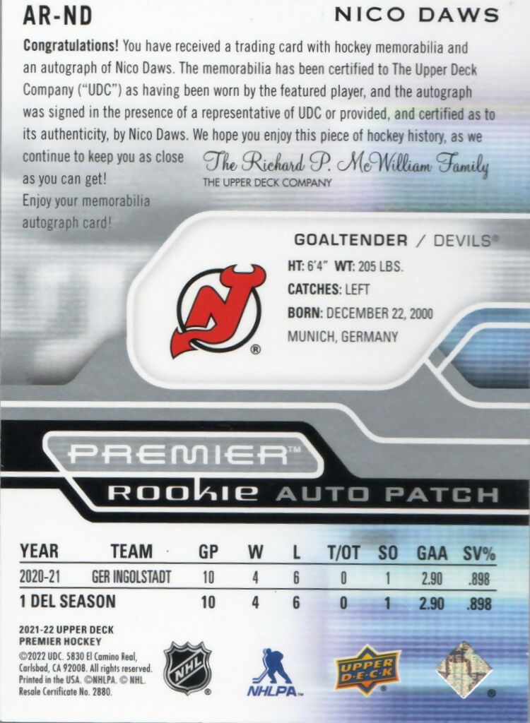 2021-22 Upper Deck Premier Hockey - Rookie - Patch - Auto :249 #AR-ND Nico Daws - New Jersey Devils - B