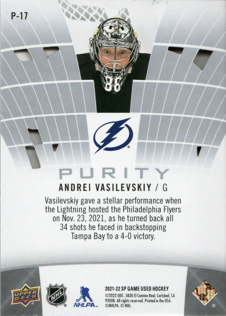 2021-22 Upper Deck SP Game Used Hockey - Purity #P-17 Andrei Vasilevskiy - Tampa Bay Lightning - B